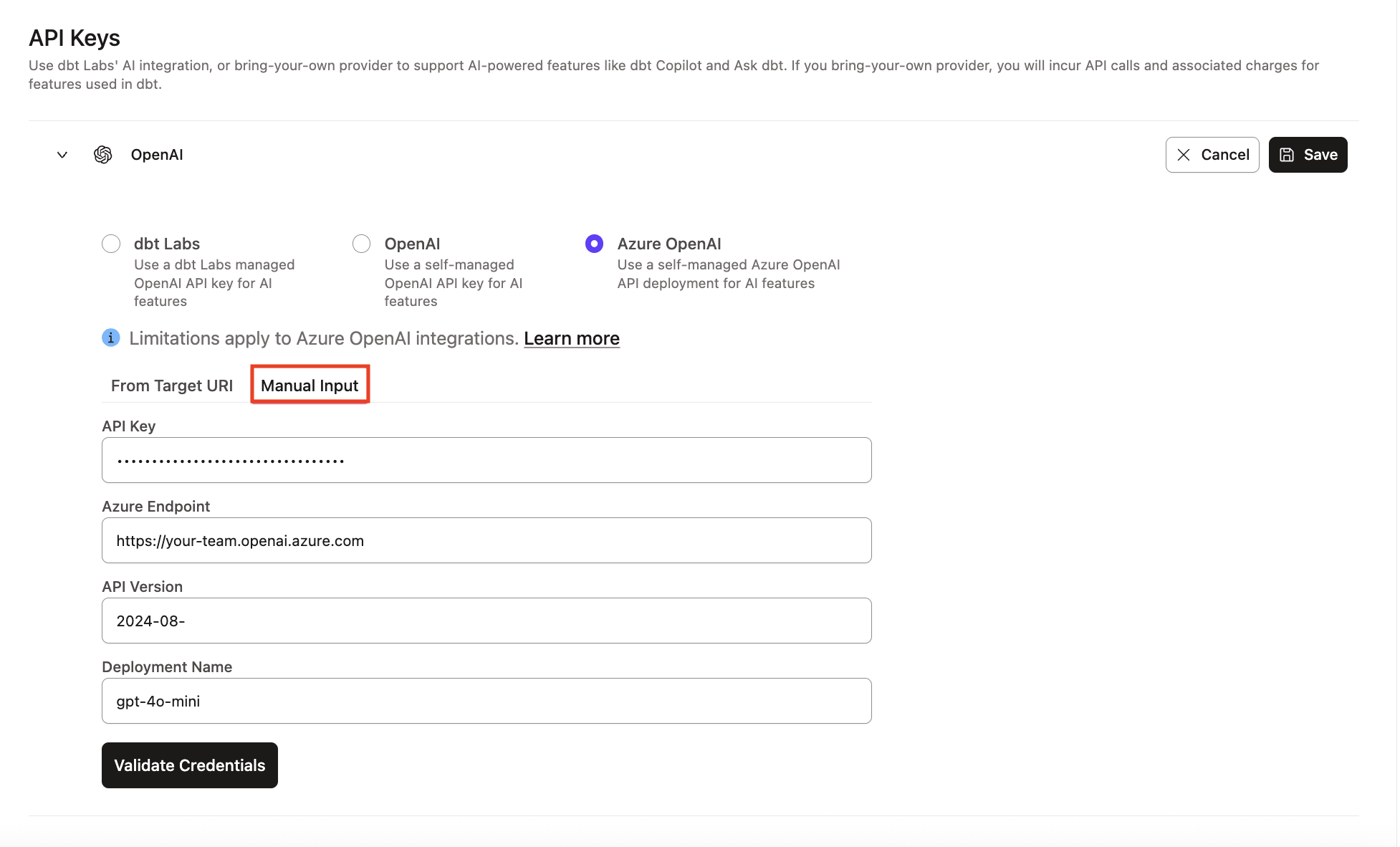 Example of Azure OpenAI integration section Example of Azure OpenAI integration section