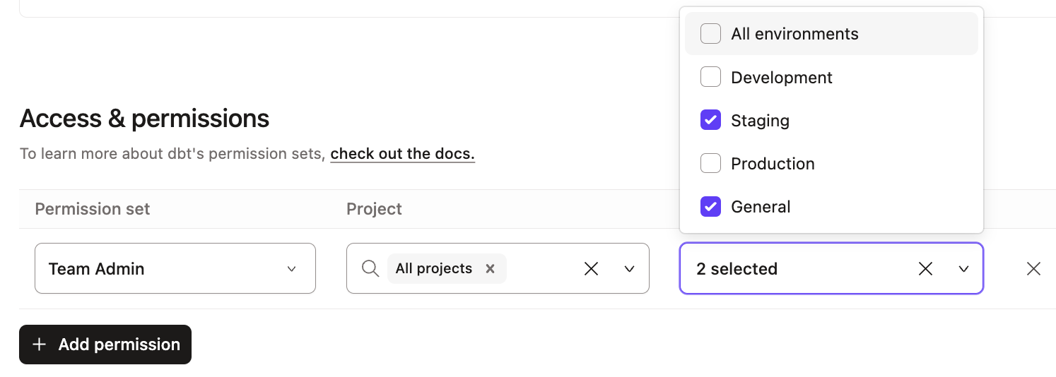A list of available environments with the Staging and General boxes selected.