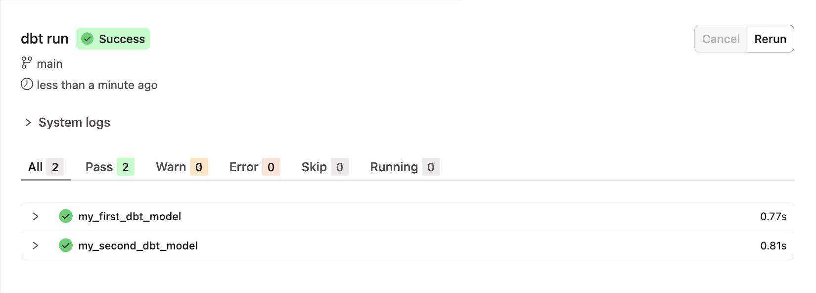 dbt run example models